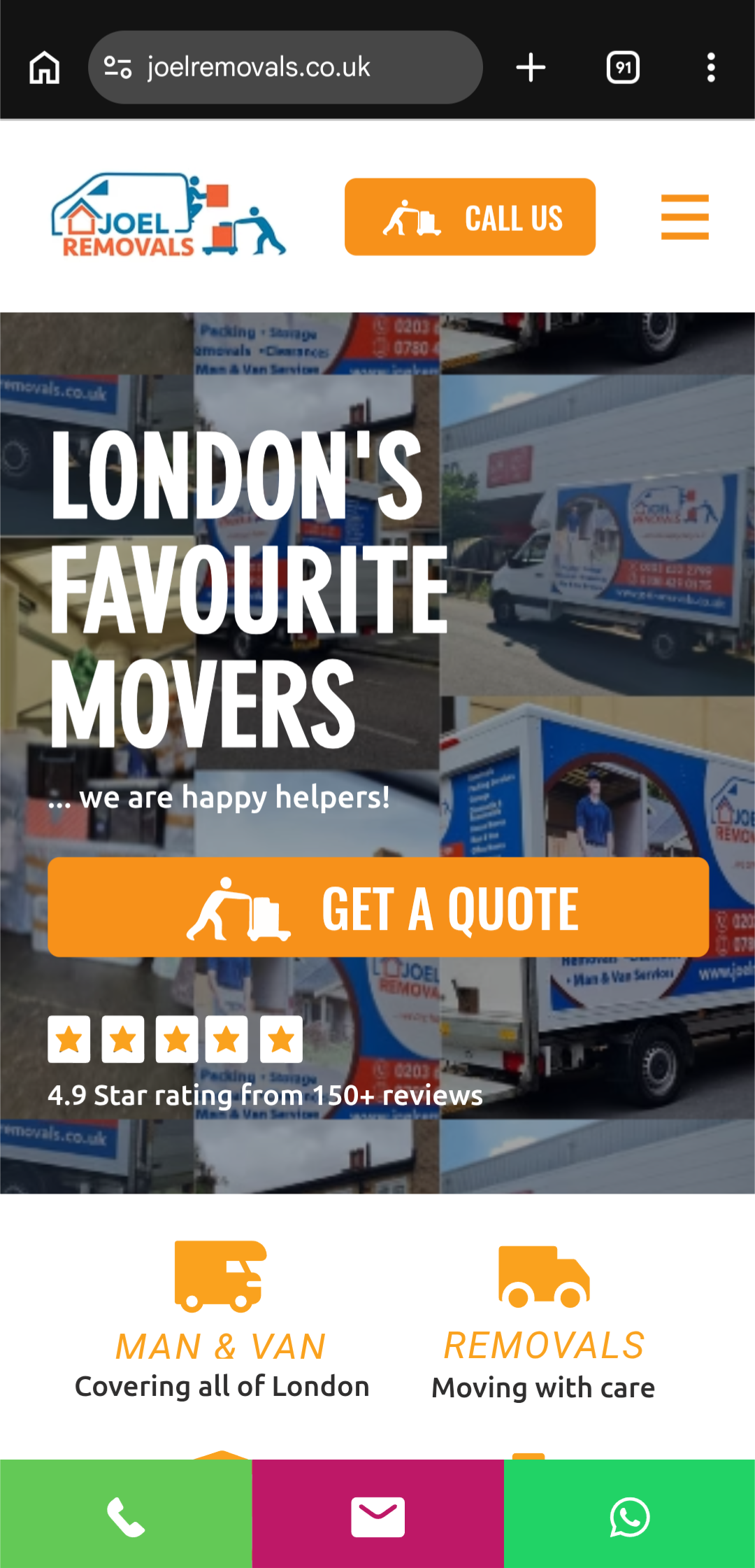 Joel Removals mobile homepage with a Call Us button, a Get a Quote button, a 4.9-star review rating and a call, email and WhatsApp bar